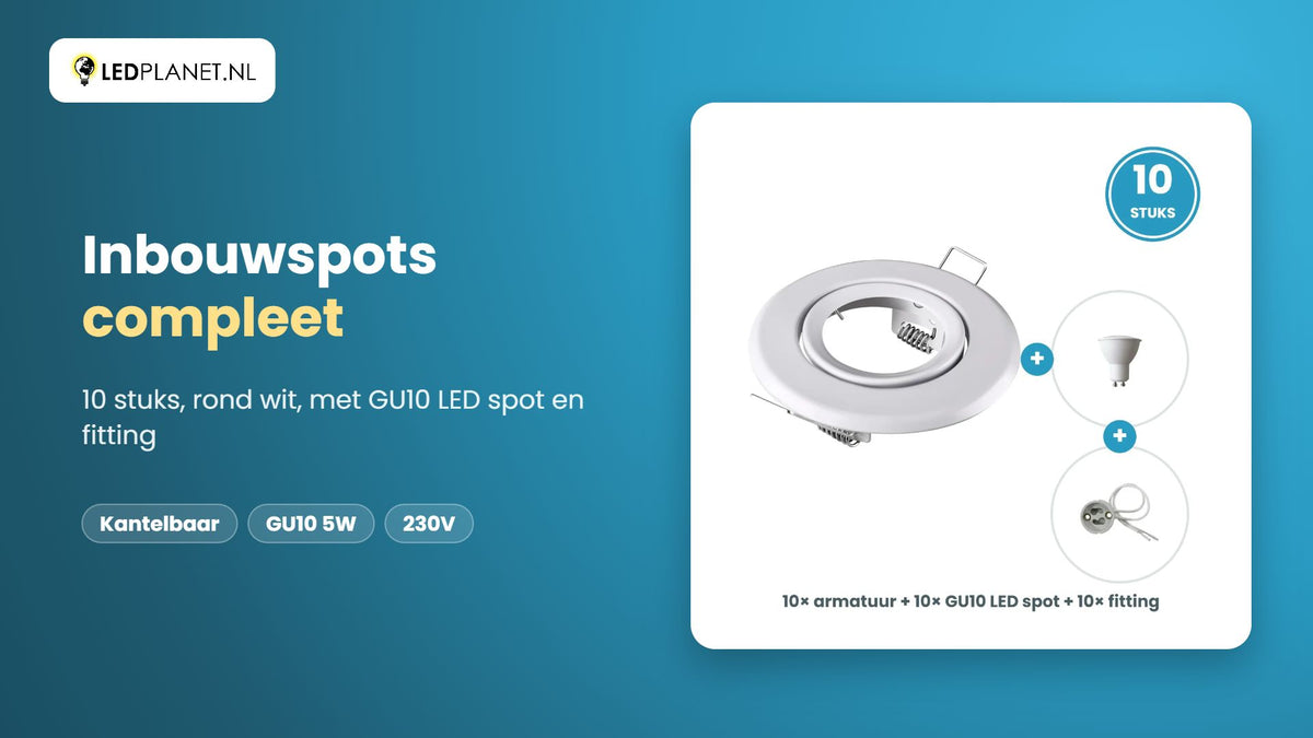 Video GU10 inbouwspots compleet, 10 stuks, rond wit, LED 5W 440 lm, warmwit 2700K, 38°, kantelbaar