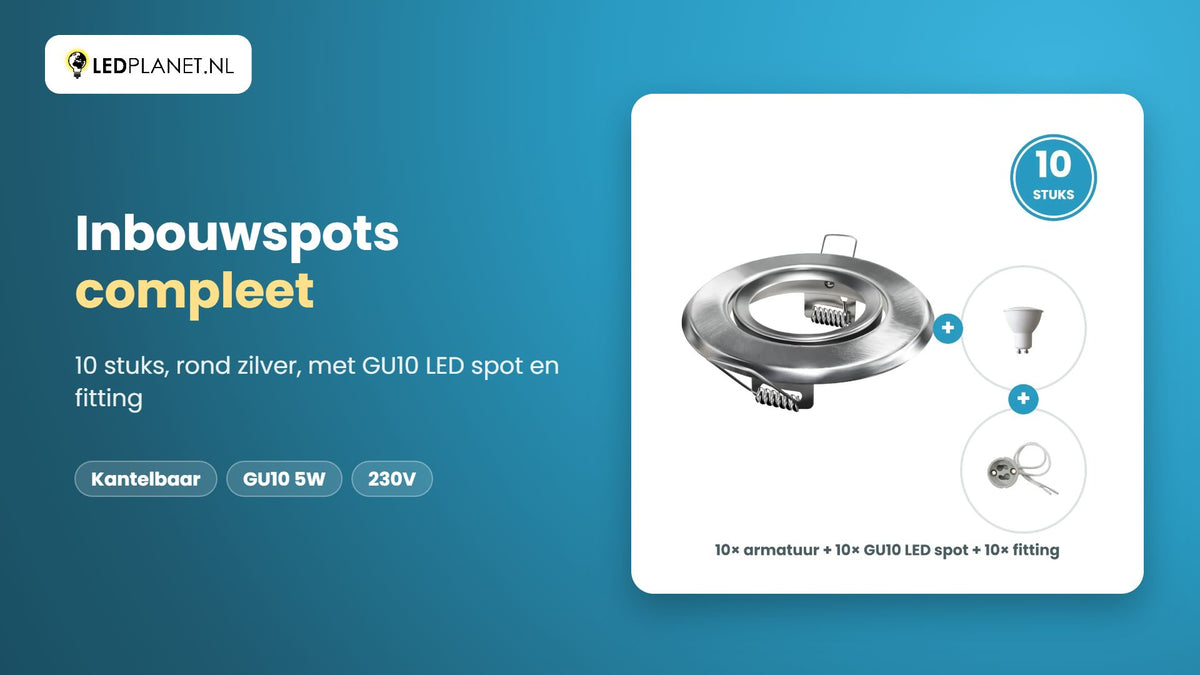 Video GU10 inbouwspots compleet, 10 stuks, rond zilver, LED 5W 465 lm, daglichtwit 6000K, 38°, kantelbaar