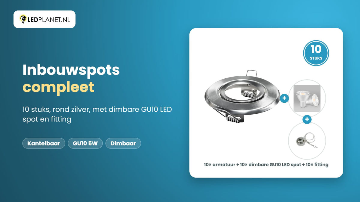 Video GU10 inbouwspots compleet, 10 stuks, rond zilver, LED 5W 400 lm, dimbaar, warmwit 2700K, 35°, kantelbaar