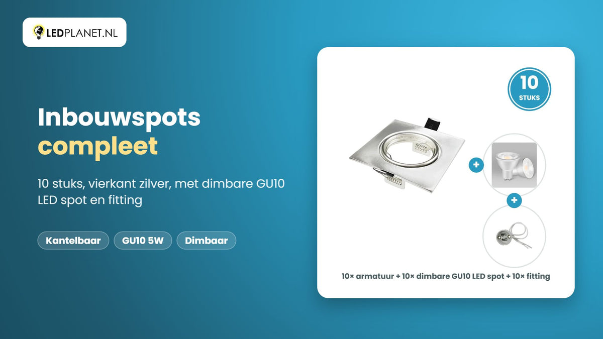 Video GU10 inbouwspots compleet, 10 stuks, vierkant zilver, LED 5W 400 lm, dimbaar, koelwit 4000K, 35°, kantelbaar