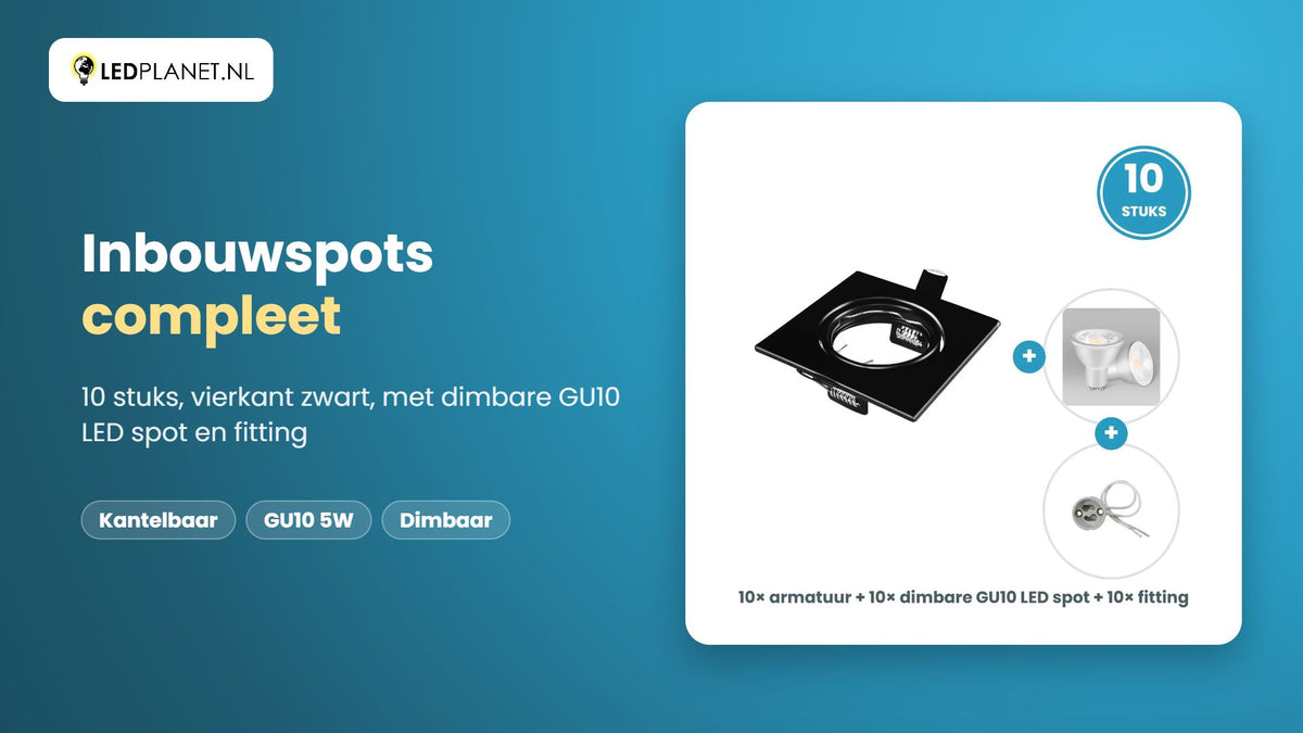 Video GU10 inbouwspots compleet, 10 stuks, vierkant zwart, LED 5W 400 lm, dimbaar, warmwit 2700K, 35°, kantelbaar