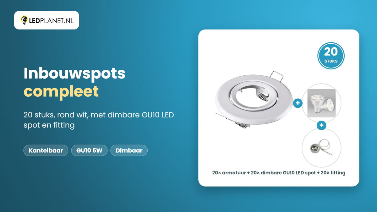 Video GU10 inbouwspots compleet, 20 stuks, rond wit, LED 5W 400 lm, dimbaar, daglichtwit 6000K, 35°, kantelbaar