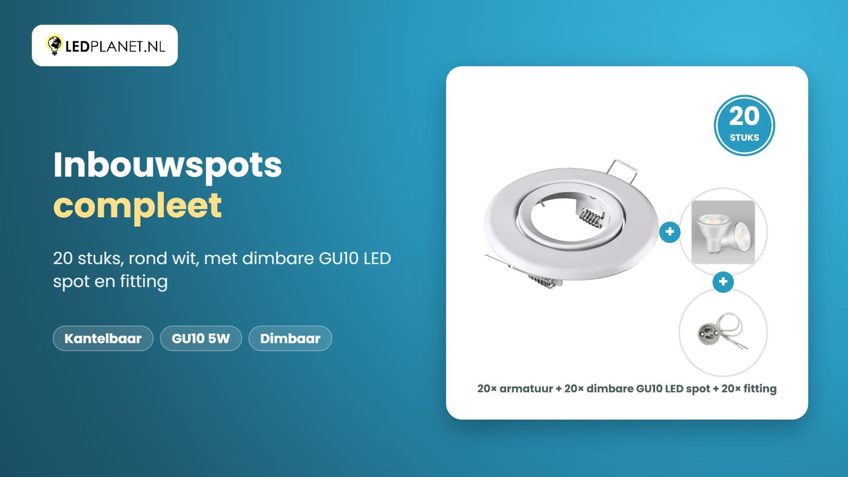 Video GU10 inbouwspots compleet, 20 stuks, rond wit, LED 5W 400 lm, dimbaar, daglichtwit 6000K, 35°, kantelbaar