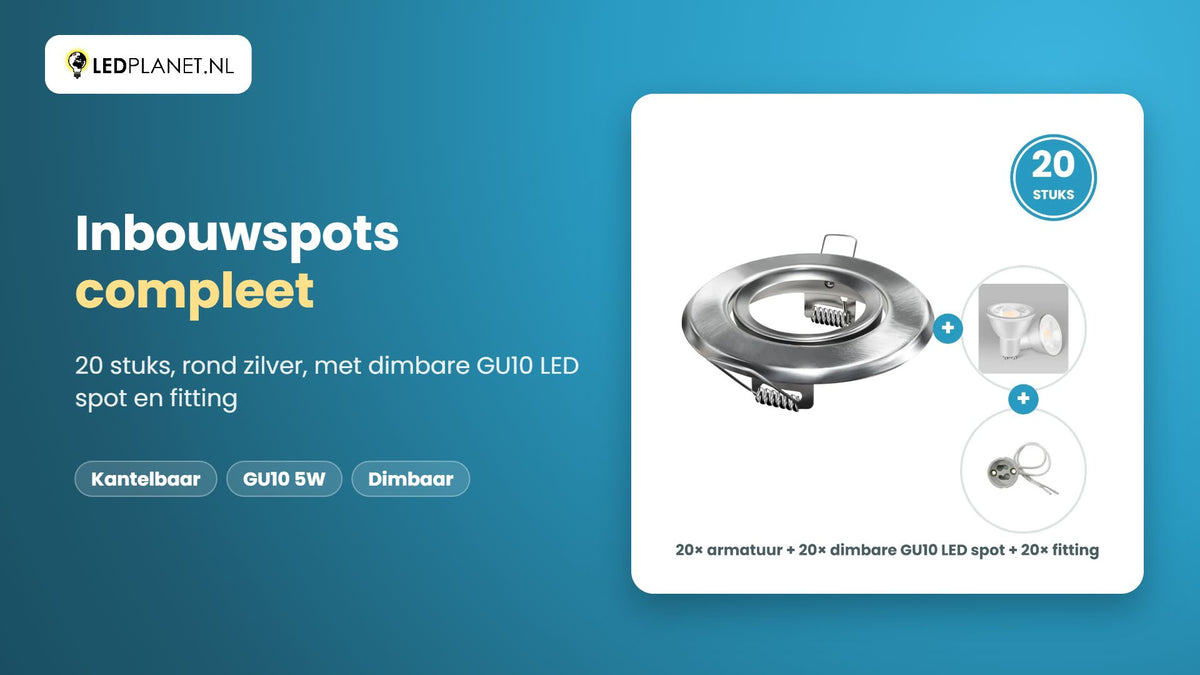 Video GU10 inbouwspots compleet, 20 stuks, rond zilver, LED 5W 400 lm, dimbaar, daglichtwit 6000K, 35°, kantelbaar