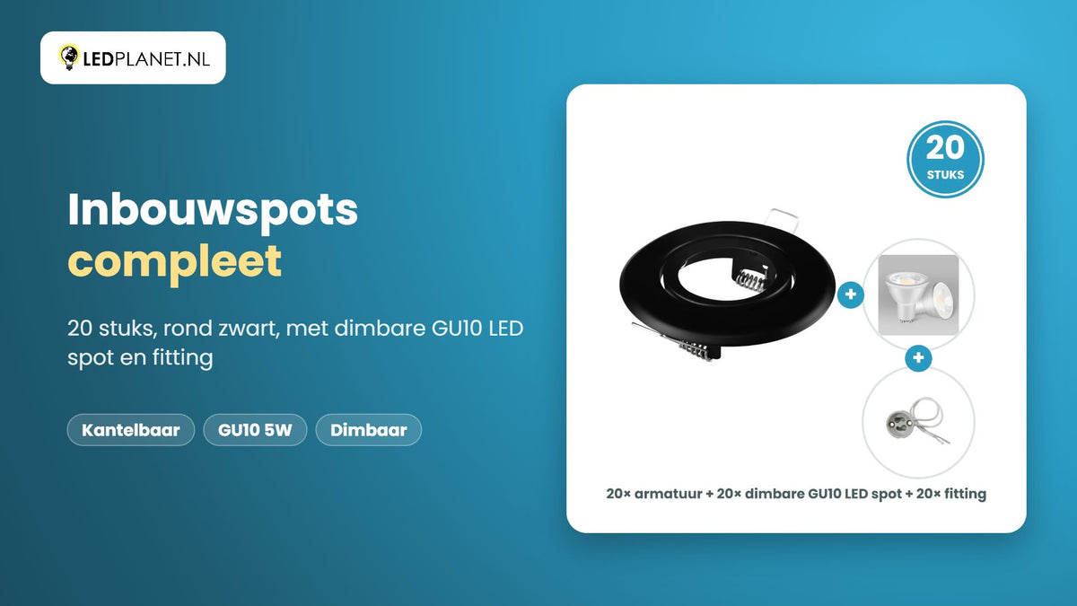 Video GU10 inbouwspots compleet, 20 stuks, rond zwart, LED 5W 400 lm, dimbaar, daglichtwit 6000K, 35°, kantelbaar