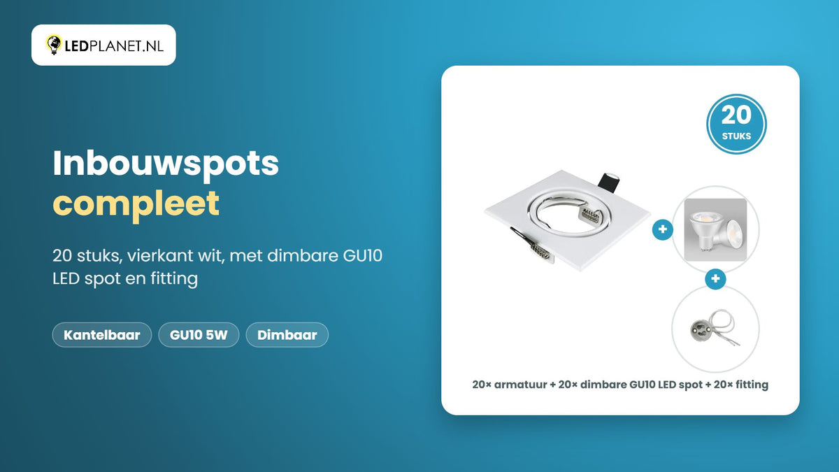 Video GU10 inbouwspots compleet, 20 stuks, vierkant wit, LED 5W 400 lm, dimbaar, daglichtwit 6000K, 35°, kantelbaar