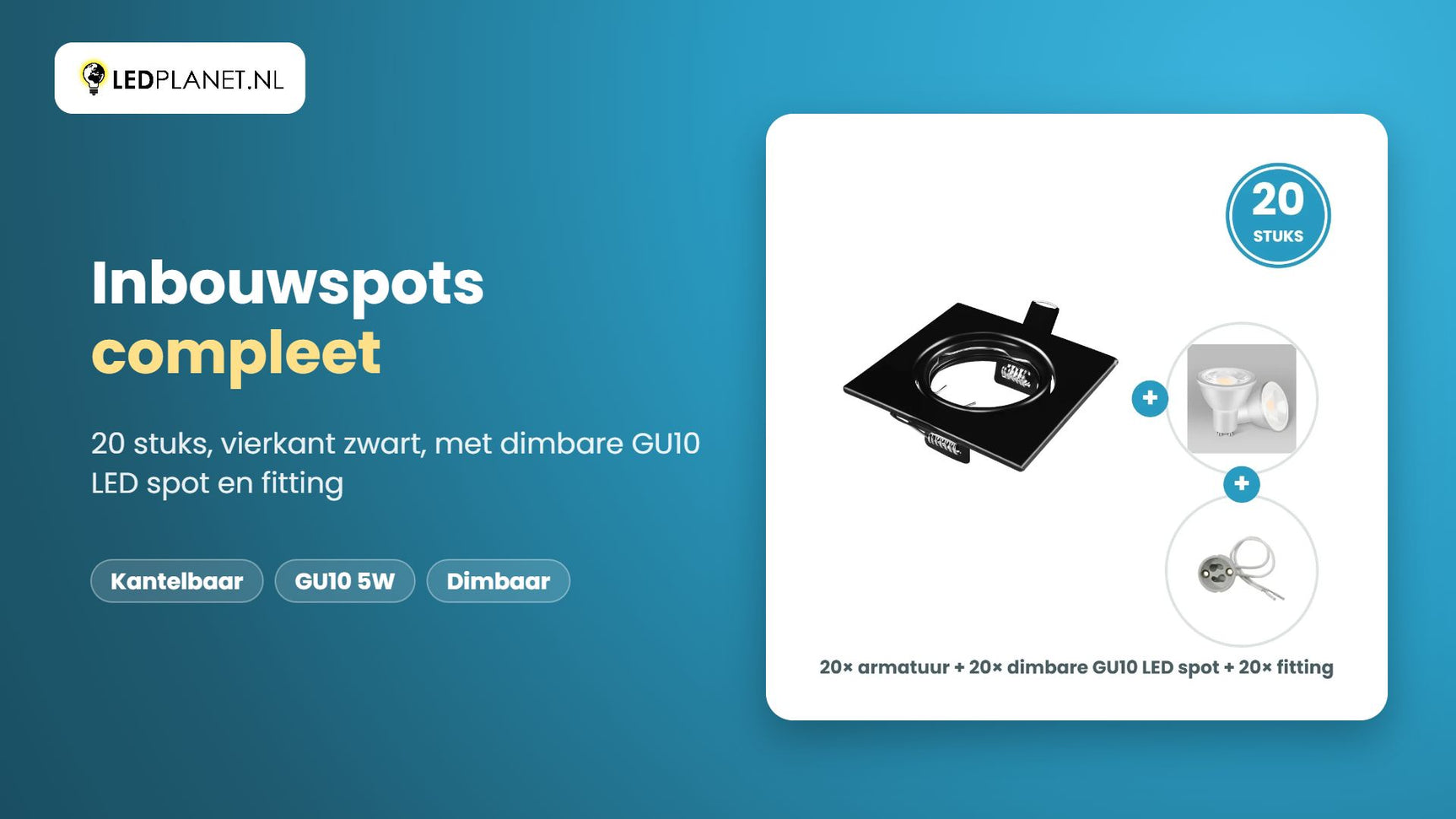 Video GU10 inbouwspots compleet, 20 stuks, vierkant zwart, LED 5W 400 lm, dimbaar, daglichtwit 6000K, 35°, kantelbaar