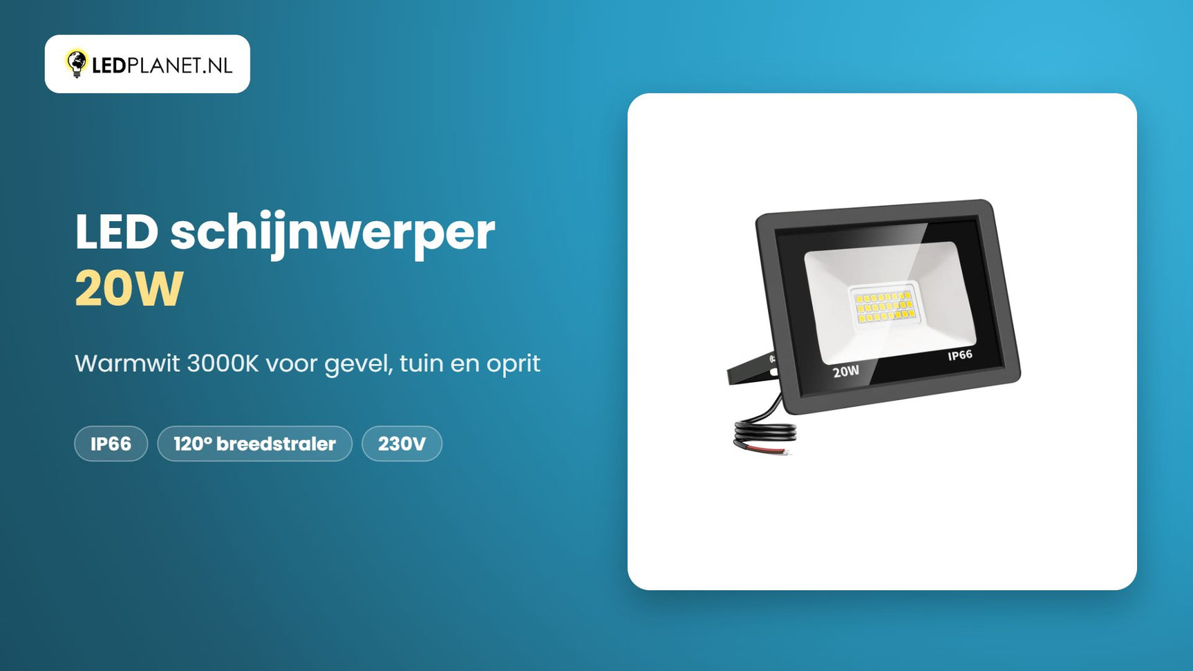 Video LED schijnwerper 20W, 2.000 lm, warmwit 3000K, 120°, IP66