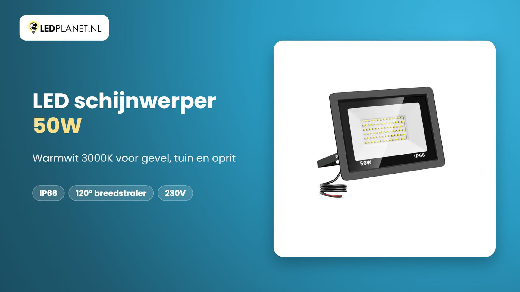 Video LED schijnwerper 50W, 5.000 lm, warmwit 3000K, 120°, IP66