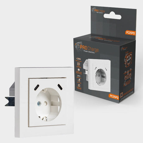 Prise murale USB-C encastrable - 2 ports USB-C - Chargeur rapide 25W - Prise 16A - Blanc