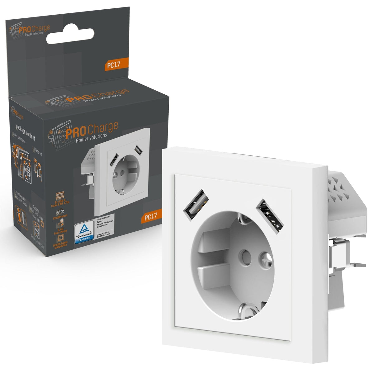 ProCharge Wandsteckdose mit 2 USB-Schnellladegeräten - Universal - Weiß - RAL9010
