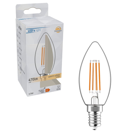 LED-Filamentkerzenlampe E14, dimmbar, 470 Lumen, 4,5 W, warmweiß (2700 K), Klarglas