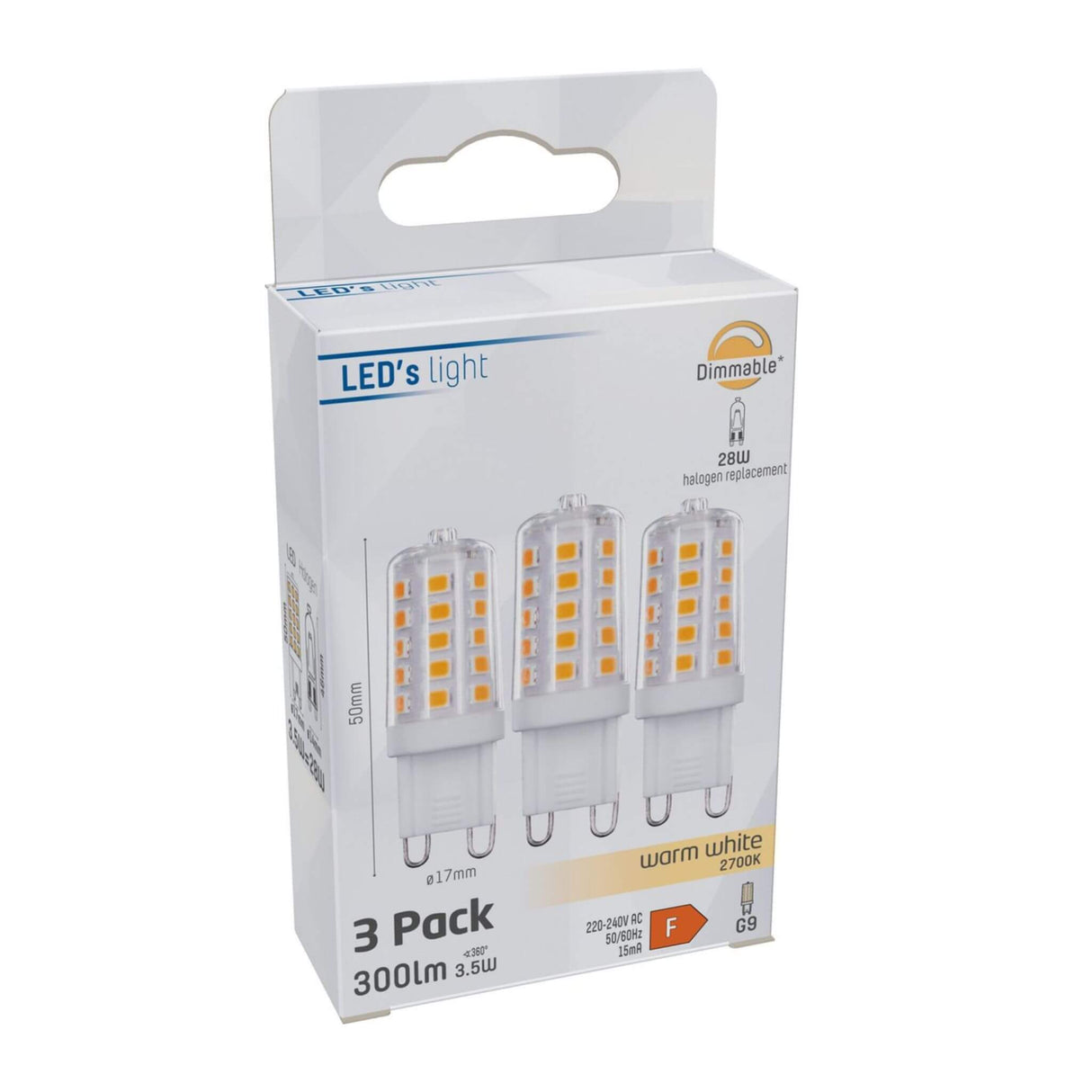 G9 LED-Kapsel, 3 Stück – Warmweiß 2700 K – 3,5 W – 300 Lumen – Dimmbar