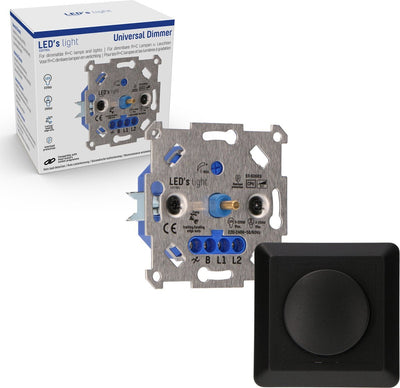 Dimmer LED universale nero - 3-250W - Taglio di fase in accensione e spegnimento - Completo di placca di copertura