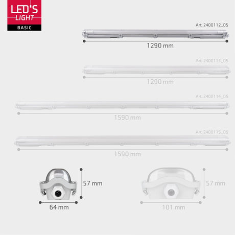 Luminaires LED type tube Proventa avec lampes de 120 cm - Lumière blanc froid 6500 K - Étanches - Kit complet - 4 pièces