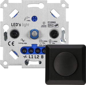 LED Dimmer Universeel Zwart - 3-225W - Fase Afsnijding - Compleet met Afdekraam