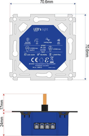 LED Dimmer Universeel Zwart - 3-225W - Fase Afsnijding - Compleet met Afdekraam