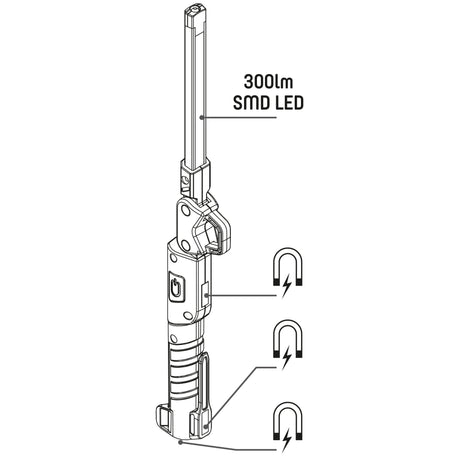LED's Work Wiederaufladbare Handlampe 300 - Inspektionslampe - Faltbar &amp; Kabellos - Mit Magnet und Haken