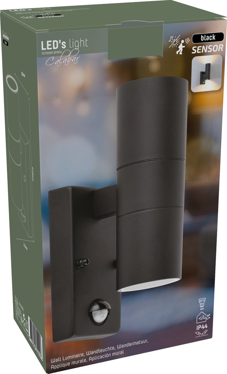 LED's Light RVS LED-Außenleuchte mit Bewegungsmelder - 2 Lichter auf &amp; ab - IP44 - Schwarz