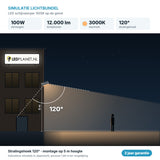 Simulatie lichtbundel LED schijnwerper 100W 12.000 lm warmwit 3000K 120° op de gevel