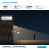 Simulatie lichtbundel LED schijnwerper 100W 13.500 lm warmwit 3000K 90° op de gevel