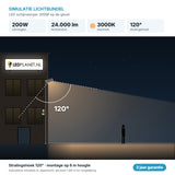 Simulatie lichtbundel LED schijnwerper 200W 24.000 lm warmwit 3000K 120° op de gevel