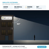 Simulatie lichtbundel LED schijnwerper 400W 68.000 lm koelwit 4000K 90° op de gevel