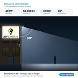 Simulatie lichtbundel LED schijnwerper 400W 68.000 lm daglichtwit 6000K 90° op de gevel