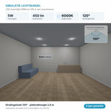 Simulatie lichtbundel LED downlight Ø96mm 5W 450 lm daglichtwit 6000K 120°