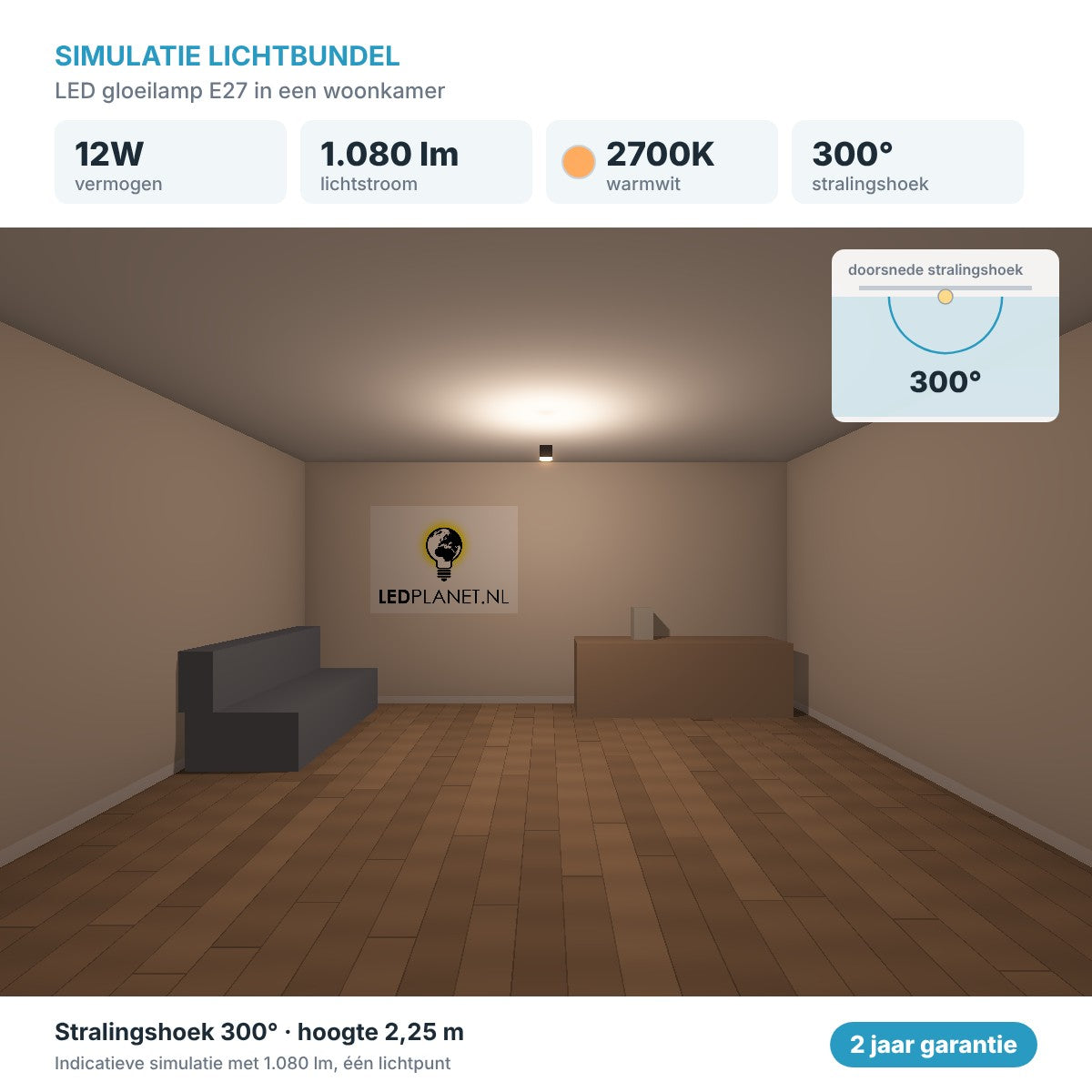 Simulatie lichtbundel LED gloeilamp E27 12W 1.080 lm warmwit 2700K 300° in een woonkamer