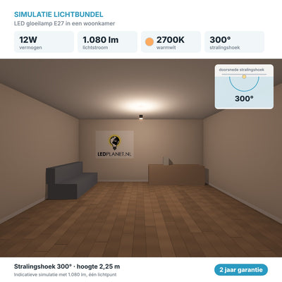 Simulatie lichtbundel LED gloeilamp E27 12W 1.080 lm warmwit 2700K 300° in een woonkamer