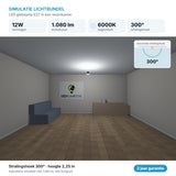 Simulatie lichtbundel LED gloeilamp E27 12W 1.080 lm daglichtwit 6000K 300° in een woonkamer