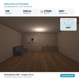 Simulatie lichtbundel LED gloeilamp E27 5W 550 lm warmwit 2700K 360° in een woonkamer