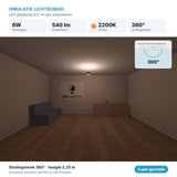 Simulatie lichtbundel LED gloeilamp E27 6W 540 lm amber 2200K 360° in een woonkamer