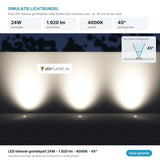 Lichtsimulatie LED inbouw grondspots 24W 1.920 lm koelwit 4000K, stralingshoek 45 graden tegen een tuinmuur