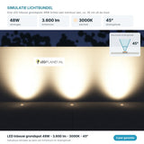 Lichtsimulatie LED inbouw grondspots 48W 3.600 lm warmwit 3000K, stralingshoek 45 graden tegen een tuinmuur