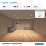 Simulatie lichtbundel LED GU10 inbouwspot 5W 400 lm warmwit 2700K 35°