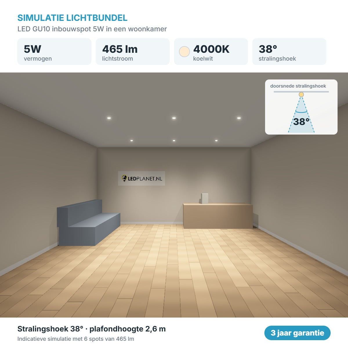 Simulatie lichtbundel LED GU10 inbouwspot 5W 465 lm koelwit 4000K 38°