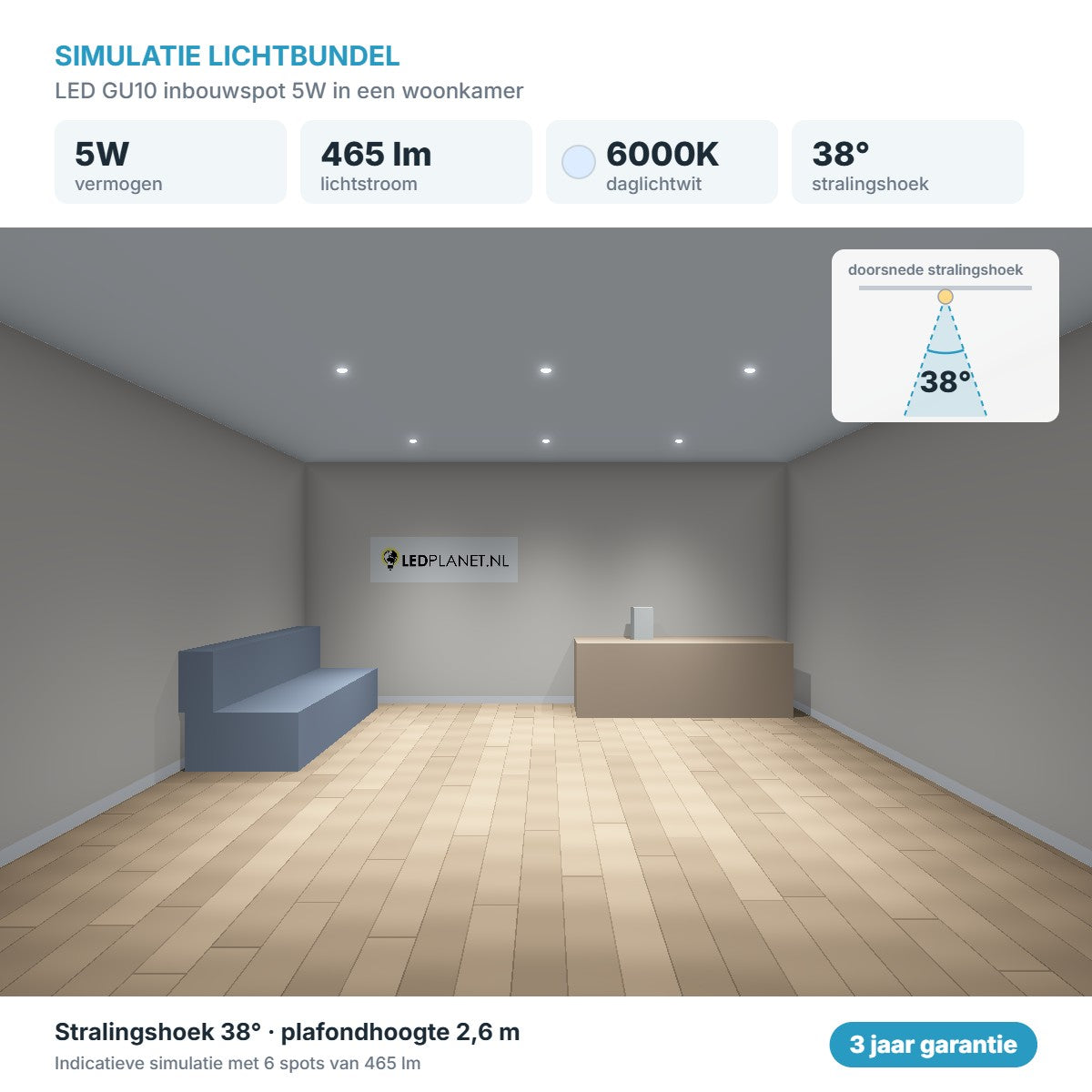 Simulatie lichtbundel LED GU10 inbouwspot 5W 465 lm daglichtwit 6000K 38°
