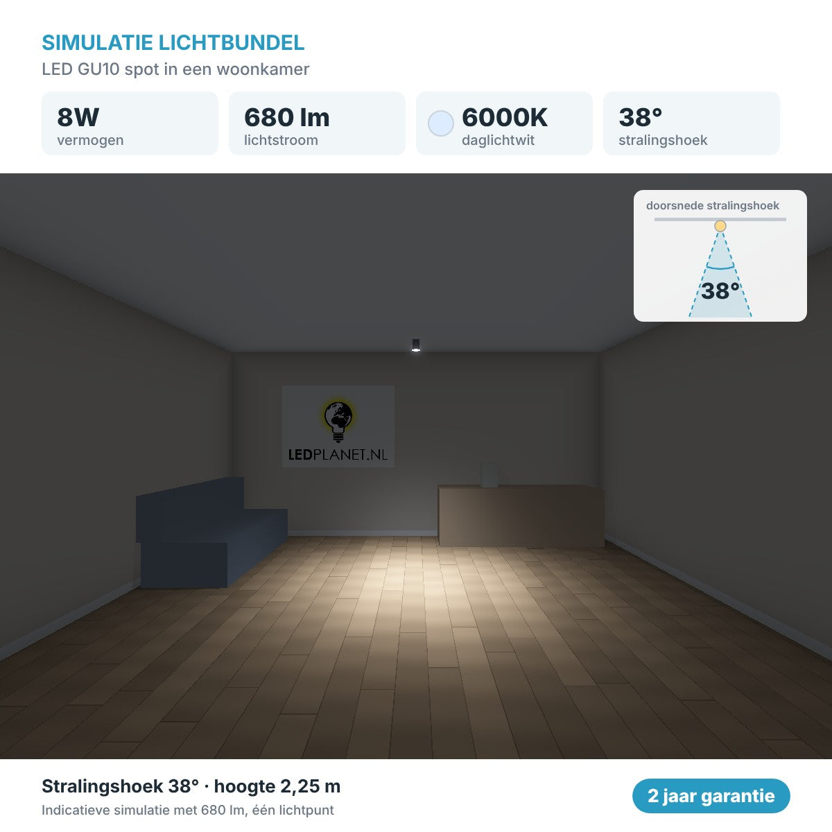 Simulatie lichtbundel LED GU10 spot 8W 680 lm daglichtwit 6000K 38° in een woonkamer