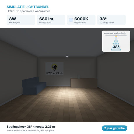 Simulatie lichtbundel LED GU10 spot 8W 680 lm daglichtwit 6000K 38° in een woonkamer