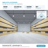 Simulatie lichtbundel LED high bay UFO 100W 20.000 lm daglichtwit 6000K 90°