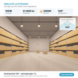Simulatie lichtbundel LED high bay UFO 150W 21.000 lm warmwit 3000K 120°