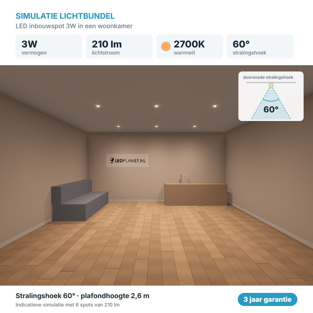 Lichtsimulation LED-Einbaustrahler 3W 210 lm Warmweiß 2700K 60°