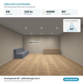 Simulación del haz de luz foco LED empotrable 3W 225 lm blanco frío 4000K 60°