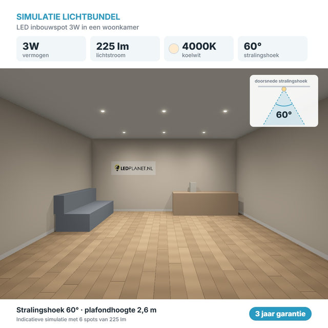Simulación del haz de luz foco LED empotrable 3W 225 lm blanco frío 4000K 60°