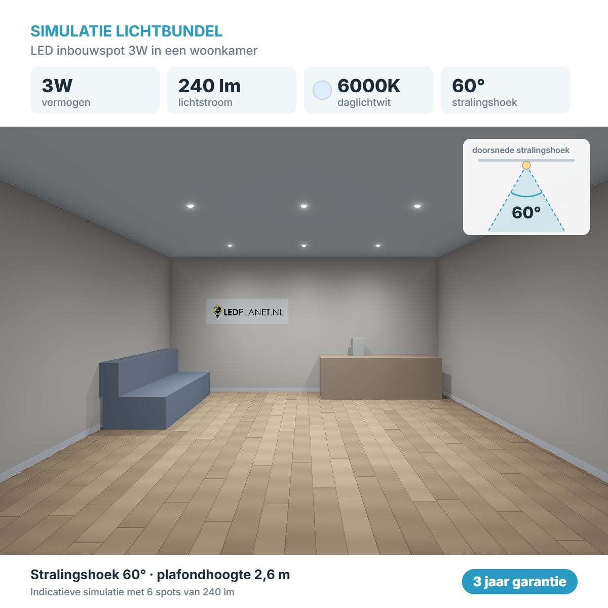 Simulation du faisceau lumineux spot LED encastrable 3W 240 lm blanc lumière du jour 6000K 60°