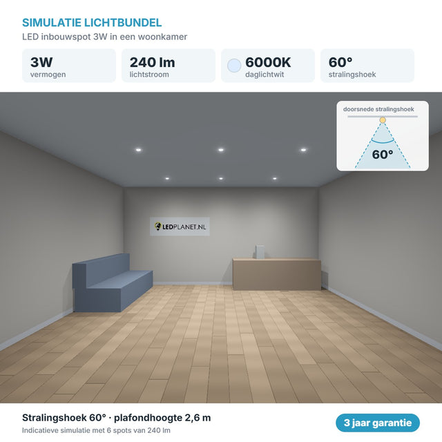 Simulation du faisceau lumineux spot LED encastrable 3W 240 lm blanc lumière du jour 6000K 60°