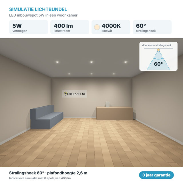 Simulation du faisceau lumineux spot LED encastrable 5W 400 lm blanc froid 4000K 60°