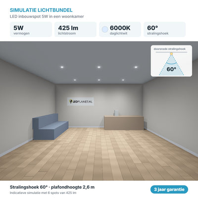 Light beam simulation LED recessed spotlight 5W 425 lm daylight white 6000K 60°